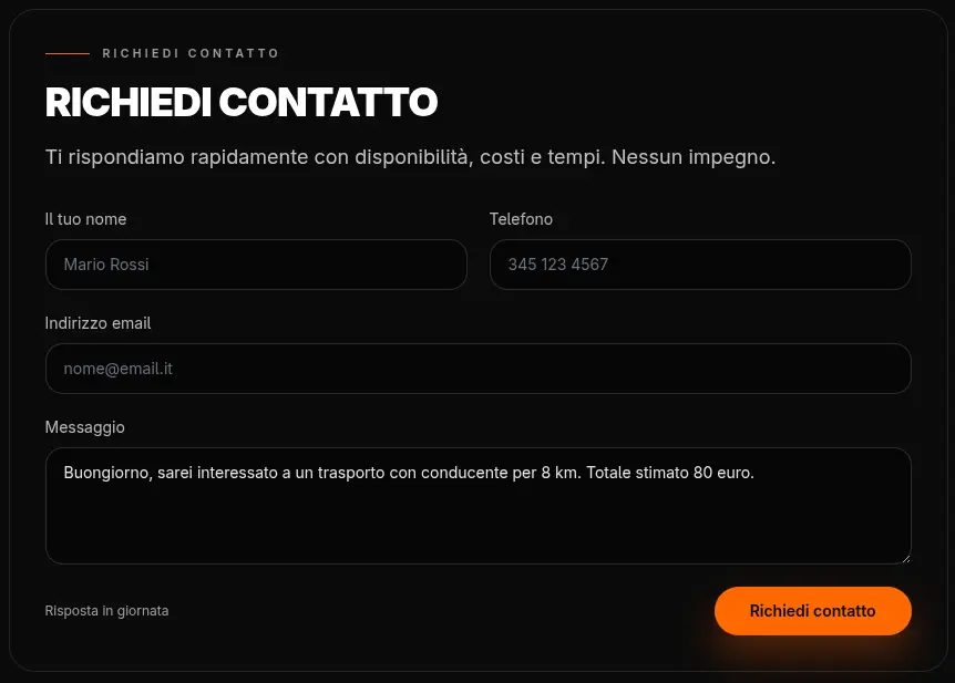 Il componente del formulario su carrelliauto.it, autocompilato con i dati del preventivo