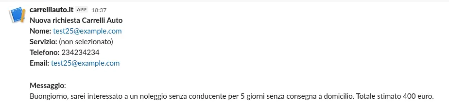 Il messaggio che mi arriva da carrelliauto.it quando un cliente compila la form